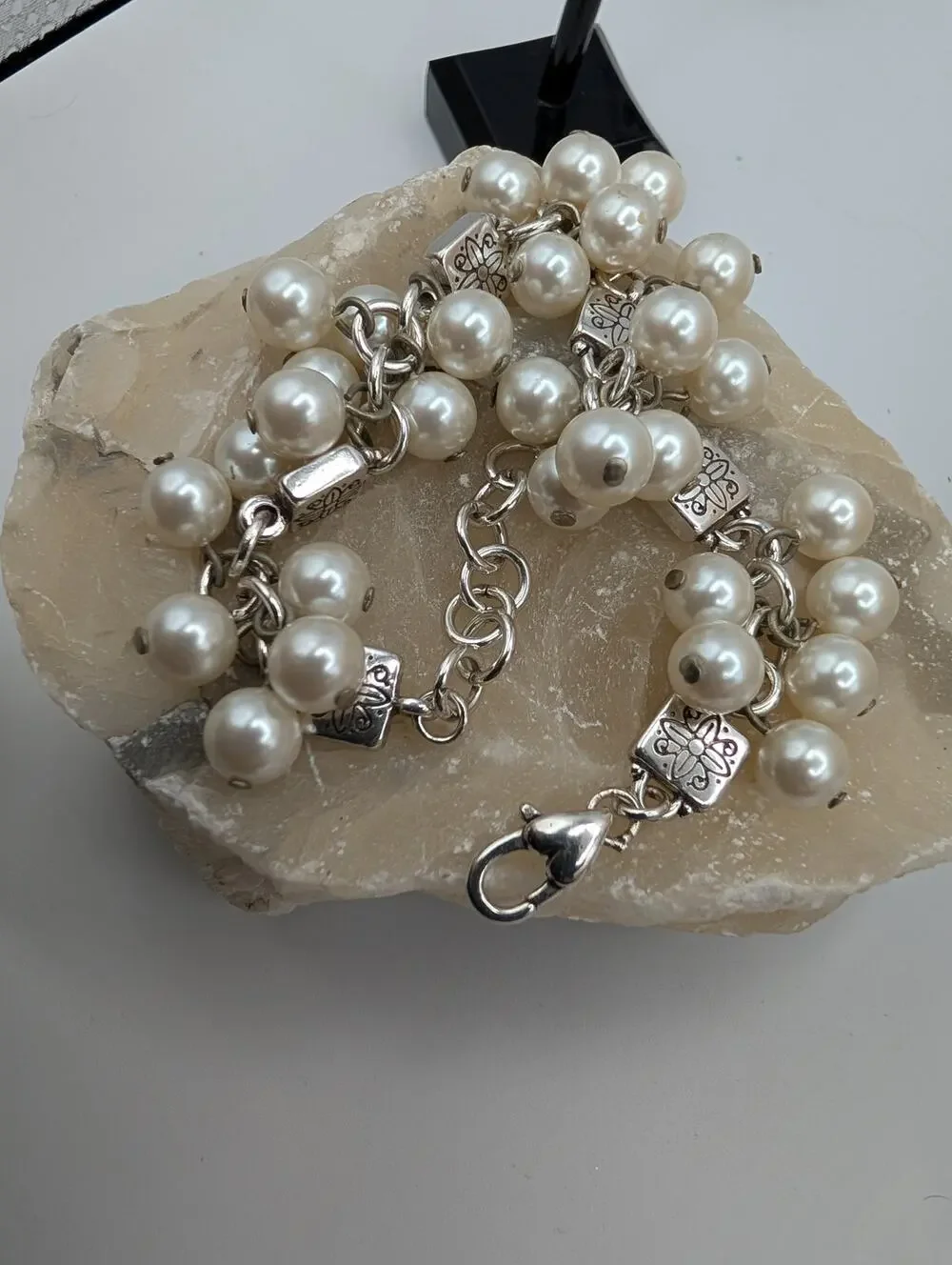 BrightonElegant Faux Pearl Cluster Silver Tone Bracelet Adjustable Lobster Clasp